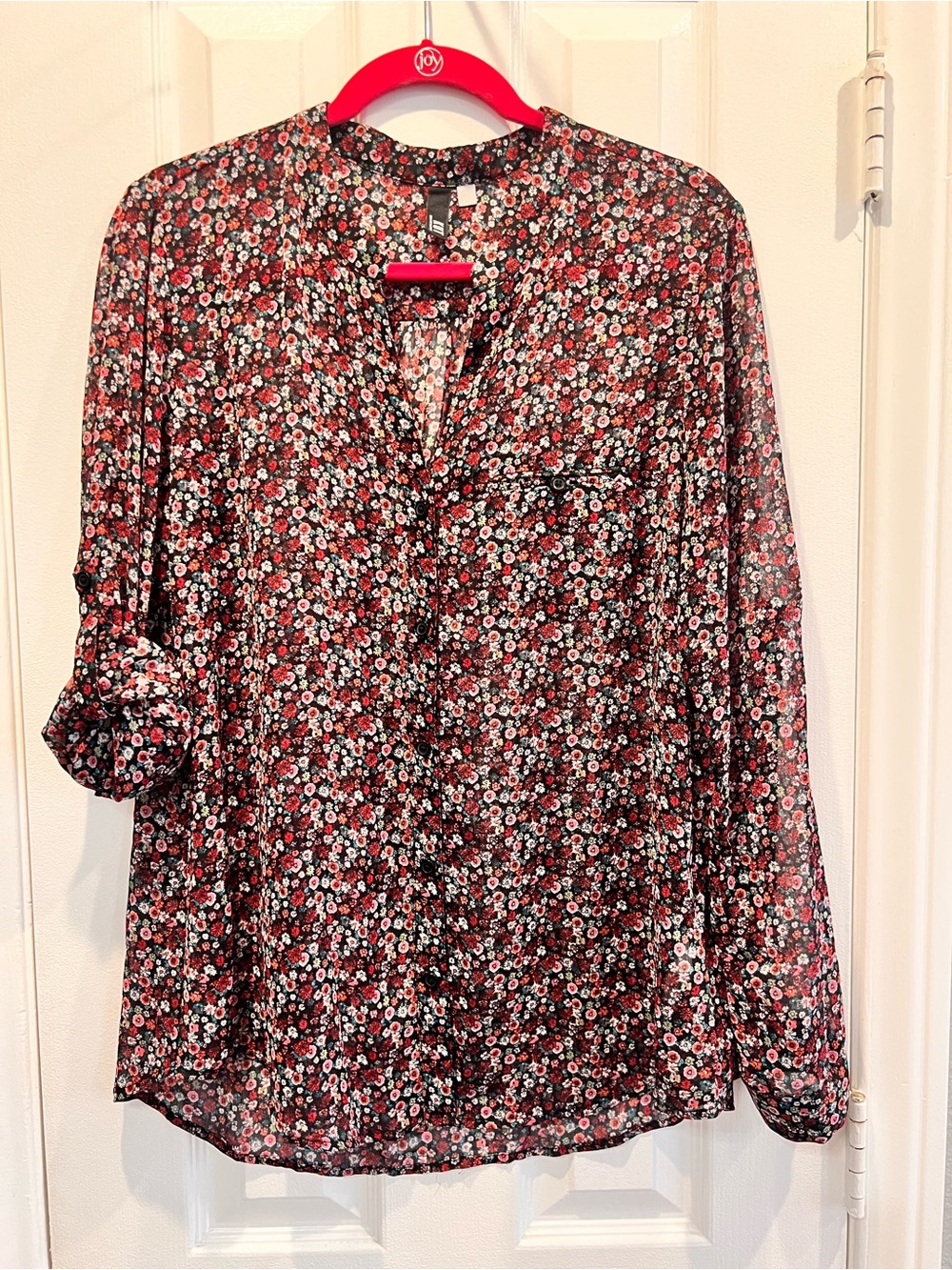 KUT from the Kloth Sheer Floral Shirt Size Large Boho Micro Print Roll Tab Top
